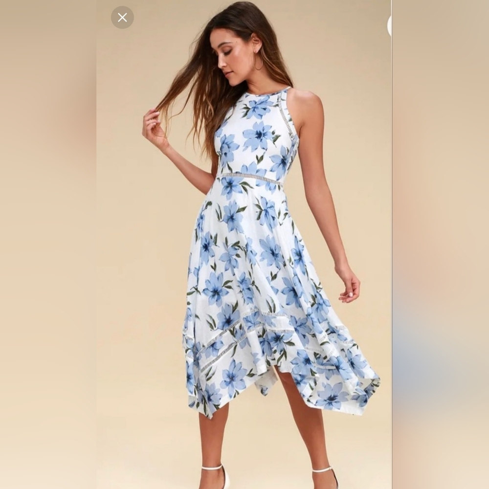 Lulu's Zahara Blue and White Floral Midi Dress
